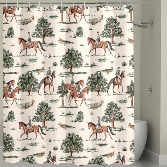 Equestrian Horses Bath Shower Curtain with C-shaped Hooks 72" x 72", horse riding decor, bathroom decor accessories, horse lover home decor