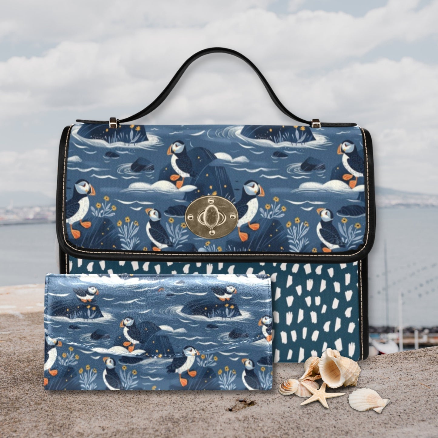 Puffins Blue Coastal Satchel handbag, Nautical Bird bag, puffin purse, black vegan leather shoulder bag, seaside gift, puffin print handbag