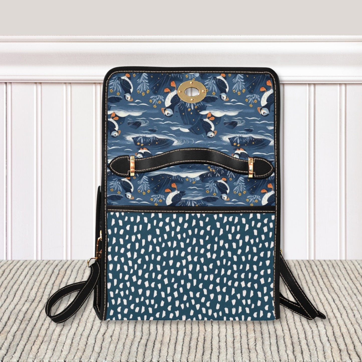 Puffins Blue Coastal Satchel handbag, Nautical Bird bag, puffin purse, black vegan leather shoulder bag, seaside gift, puffin print handbag