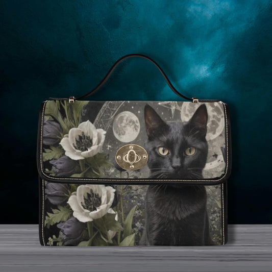 Moonlight Black Cat witchy Satchel handbag, celestial cat bag, goth bag, black vegan leather shoulder bag, dark academia bag, witchy cat bag