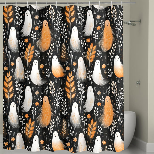 Ghost Halloween Spooky Bath Shower Curtain with C-shaped Hooks 72" x 72", cute ghostly dark cottagecore decor, bathroom decor accessories