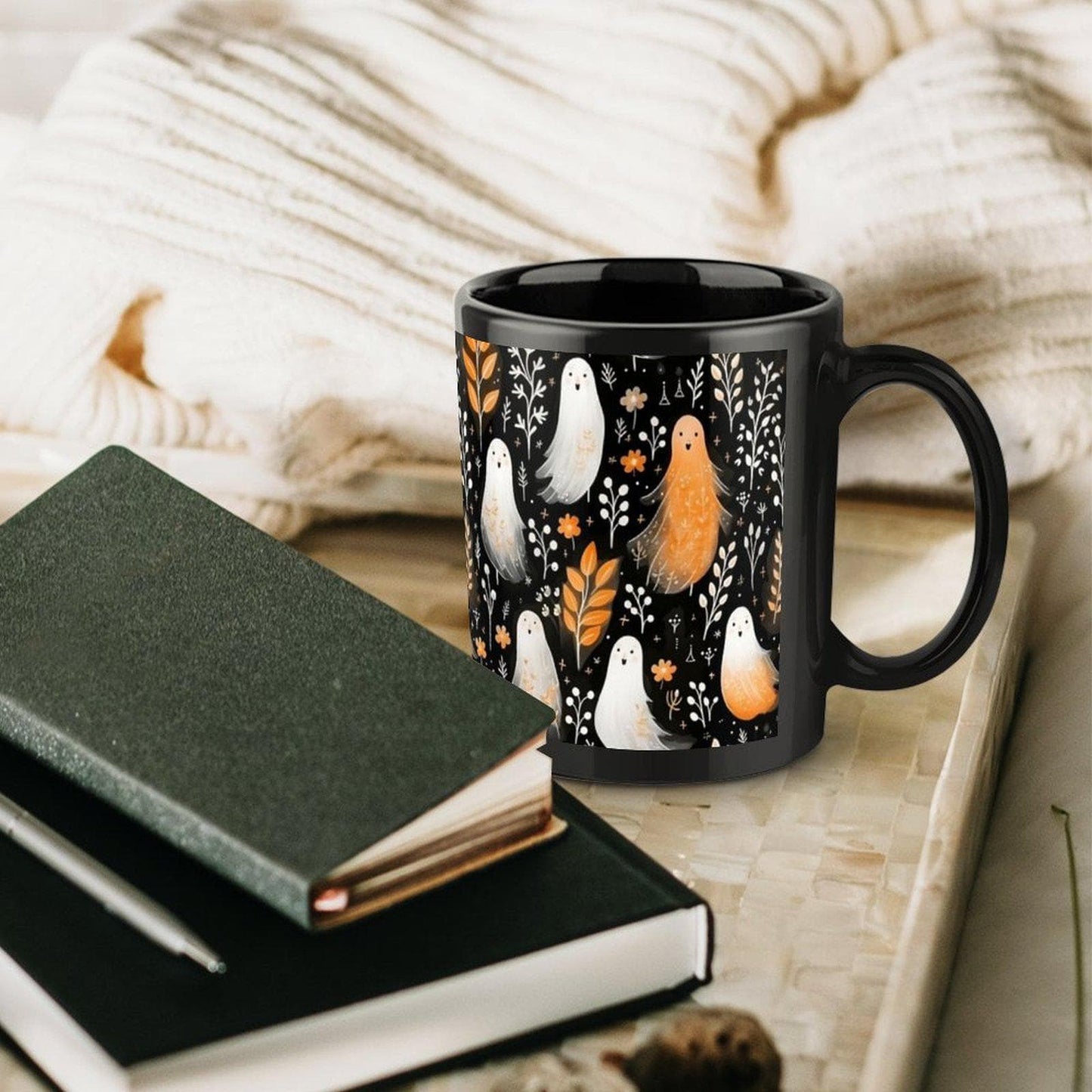 Ghosts Spooky Halloween Black Mug, dark academia home decor, gothic mug, halloween home decor, witchy gift, cute ghost cup, dark aesthetic