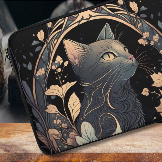 Mystic Cat Witchy Laptop Sleeve, dark cottagecore cat laptop case, witch IPad tablet cover, cat lover laptop padded bag witchcore cat gift