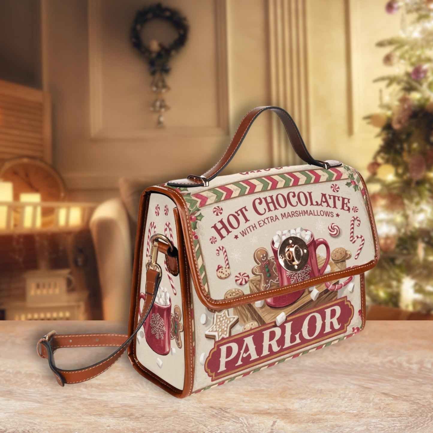 Hot Chocolate Satchel Handbag, christmas bag, festive purse, top handle bag, holiday gift, xmas red purse, chocolate parlor original bag