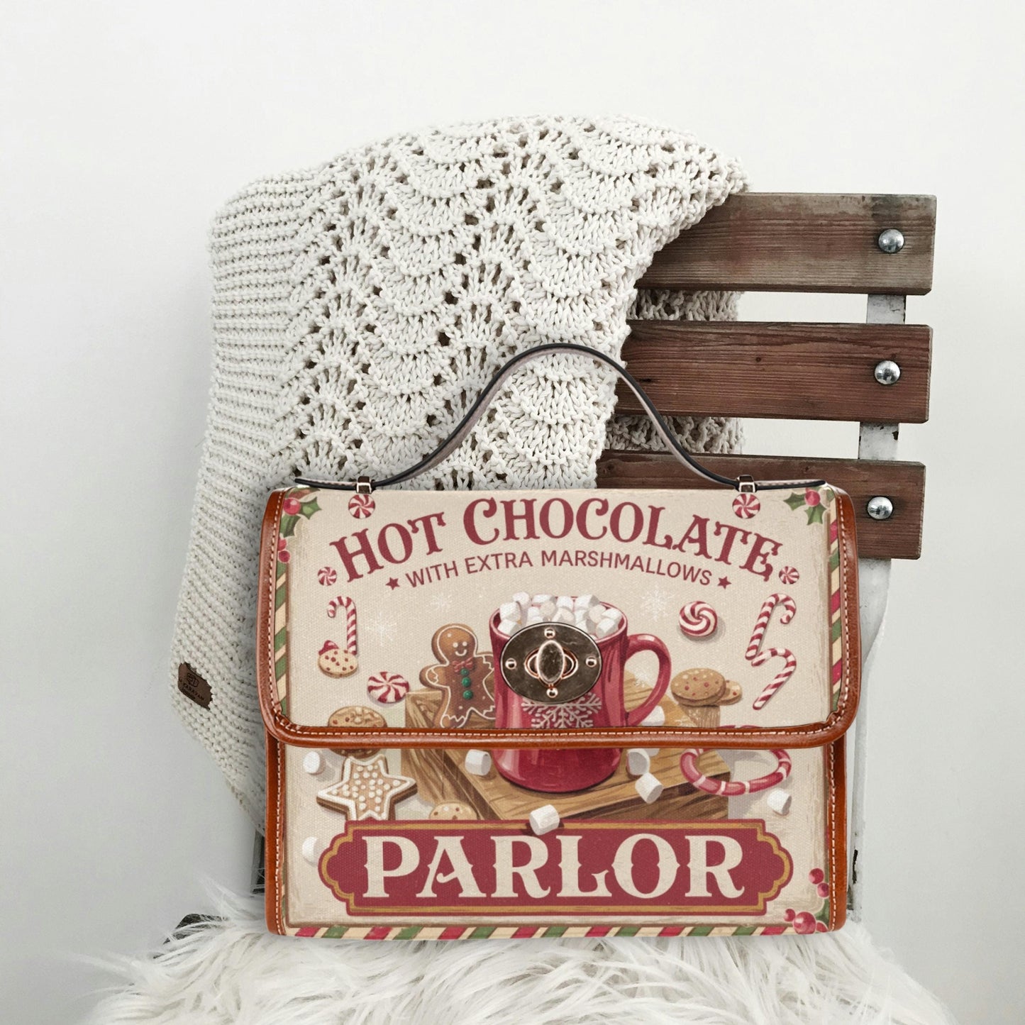 Hot Chocolate Satchel Handbag, christmas bag, festive purse, top handle bag, holiday gift, xmas red purse, chocolate parlor original bag