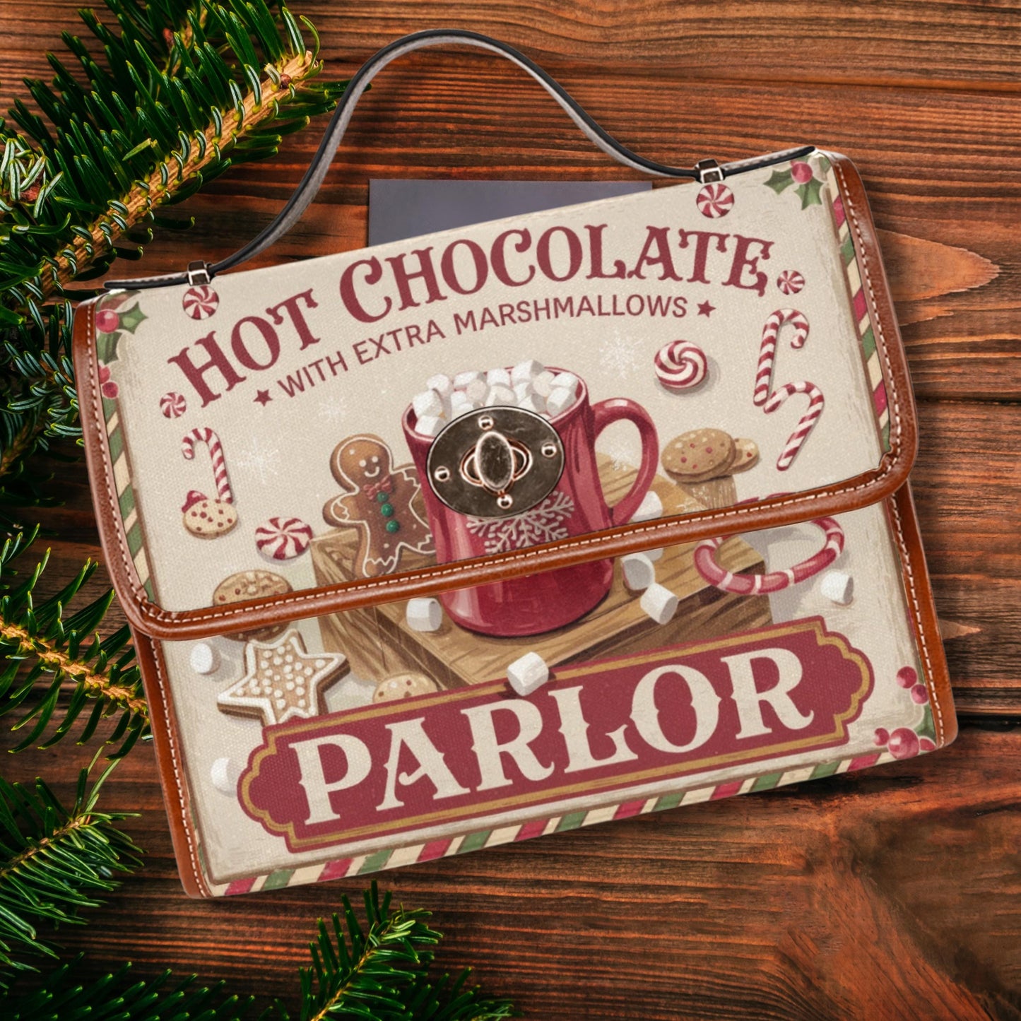 Hot Chocolate Satchel Handbag, christmas bag, festive purse, top handle bag, holiday gift, xmas red purse, chocolate parlor original bag