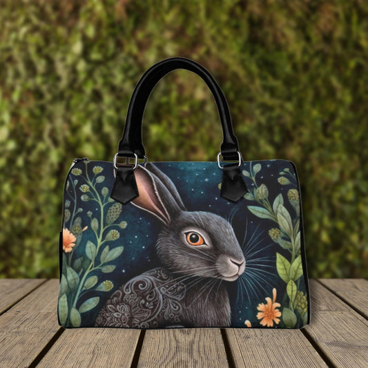 Midnight Hare Boston Bag, dark Cottagecore purse, autumn fox bag, Black Vegan Leather Bag, Hippies Boho Gift, fall forest bag, rabbit bag